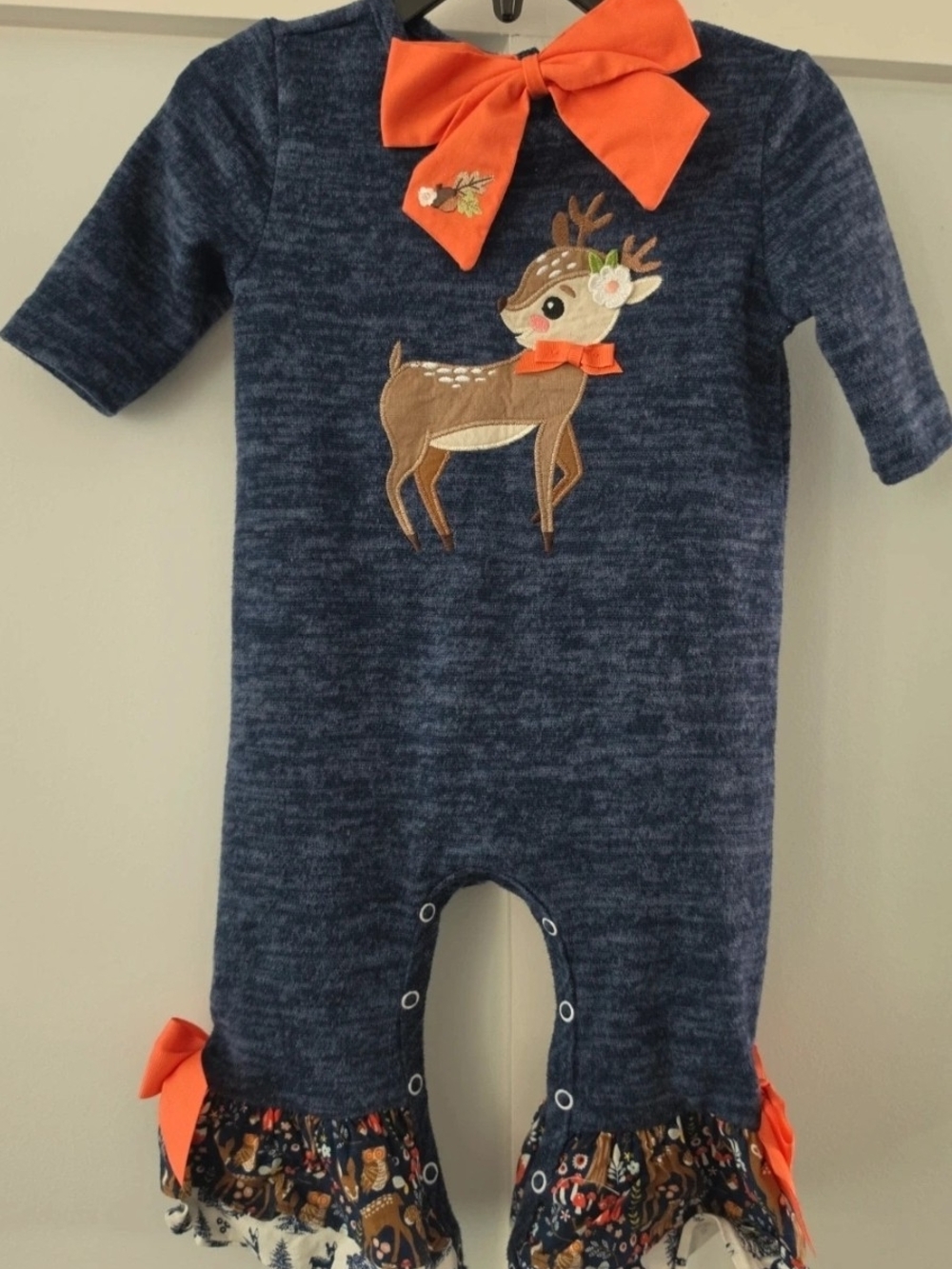 Ricrac and Ruffles Navy Deer One-Piece with Matching Orange Hair Bow - Kids